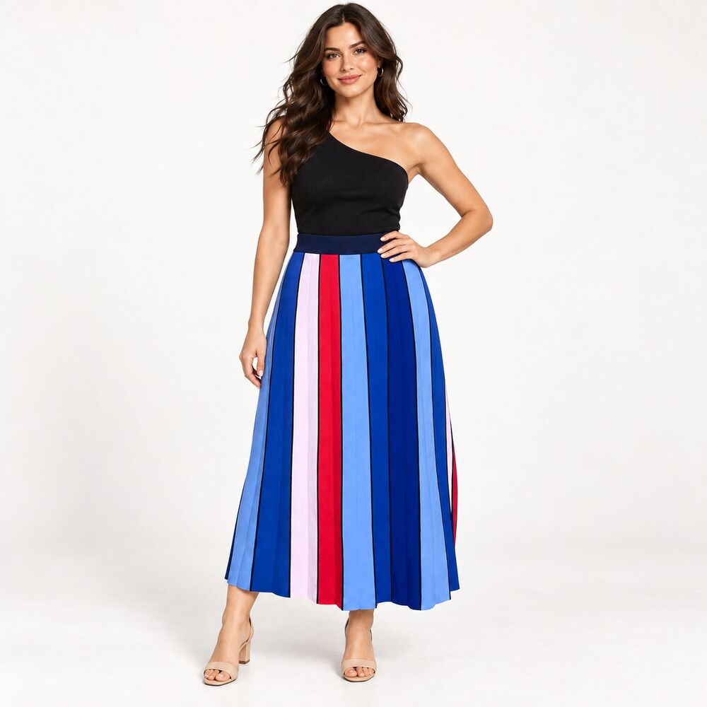 Tory Burch Tory Sport Vertical Block Tech Knit Midi Skirt XL Blue Red Stretch